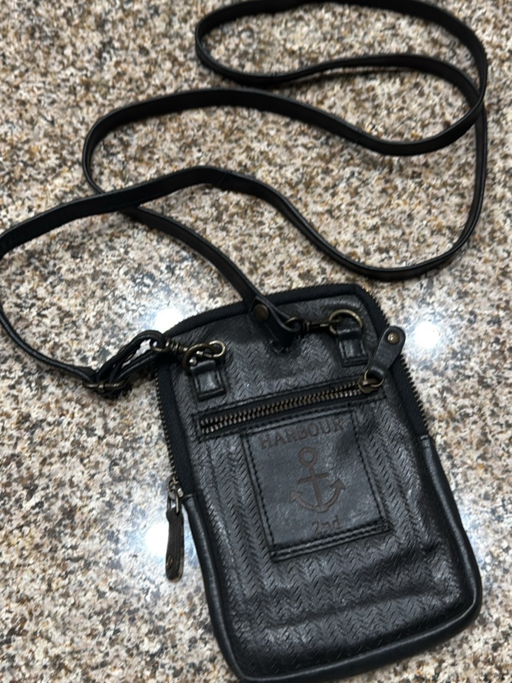 Barbour Black Leather Crossbody Phone Pouch with Anchor Detail